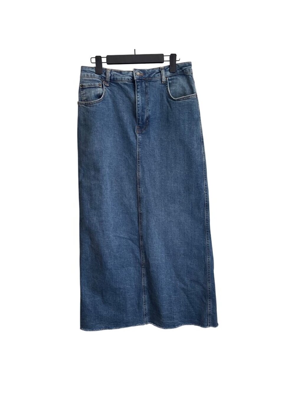 Zara Womens Denim Maxi Skirt Size L Western Coastal Raw Hem Stretch Minimalist